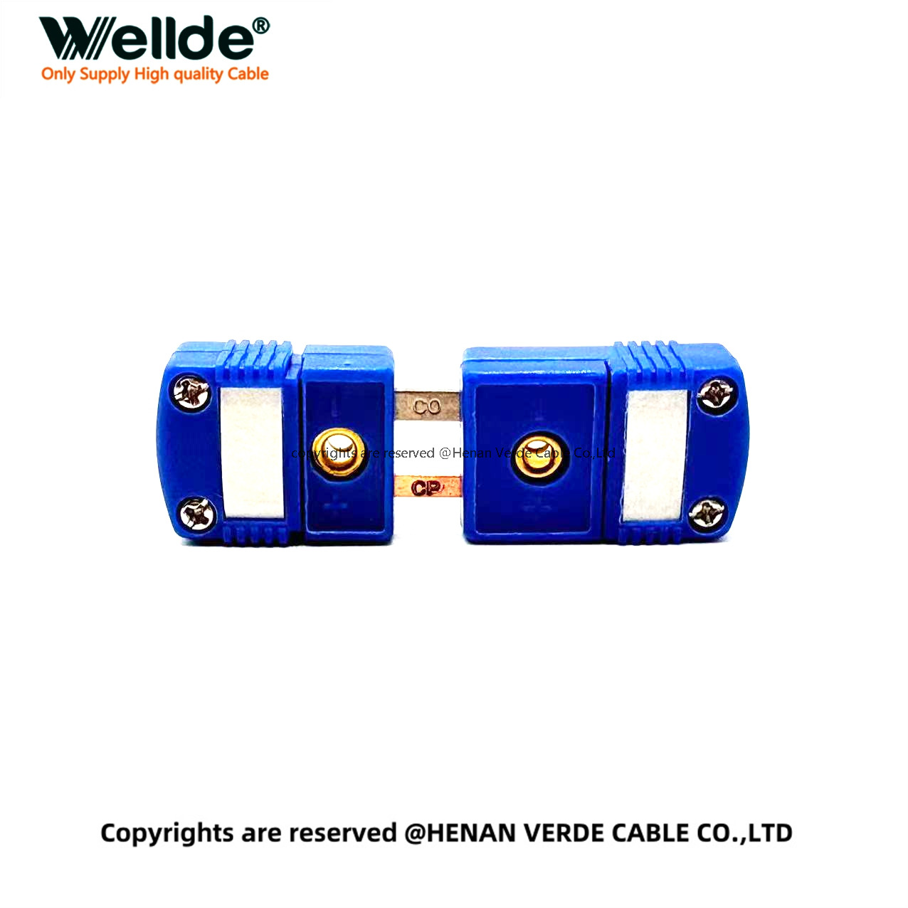 Blue Type T thermocouple plug with copper-constantan pins